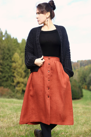 Autorská prepienacia sukňa Lotika českej výroby zo 100% l'anu vypestovaného v EÚ jednofarebná áčkový strih dĺžka